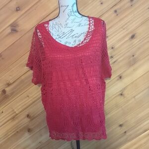 CJ Banks Vibrant Red Crochet Blouse